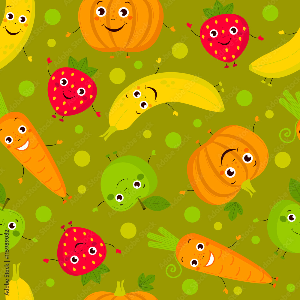 Vettoriale Stock Organic food seamless pattern. Vector cartoon fruit
