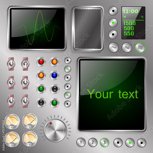 strange electronic device equipped with the screens, Switches and Indicators with frame for text