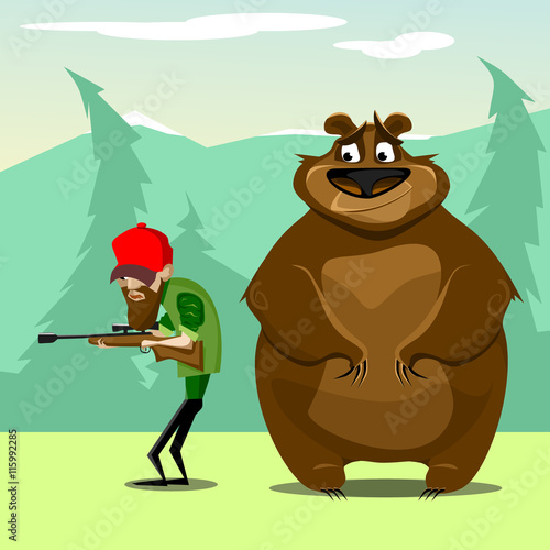 Hunter in woods hunting for bear. vector. flat illustration