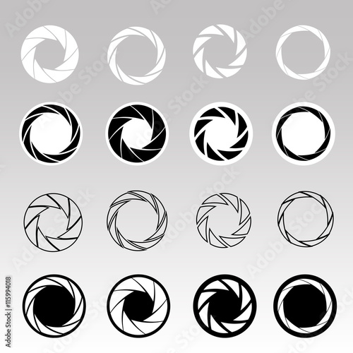 Set of black camera shutter icons on abstract background.