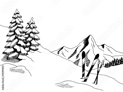Mountain skiing graphic art black white sketch landscape illustration vector