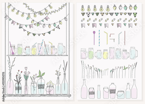 Set of bottles, jars, garlands, lamps and flags. Scandinavian st