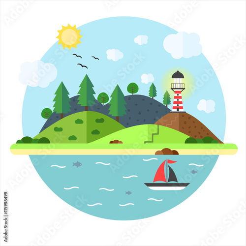 Vacation in the sea with lighthouse, hill, tree, mountain, fish and sailing ship. Summer time holiday voyage concept. Illustration in flat style. Travel background.