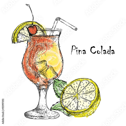 Hand drawn pina colada cocktail in glass with lime. Vector illustration