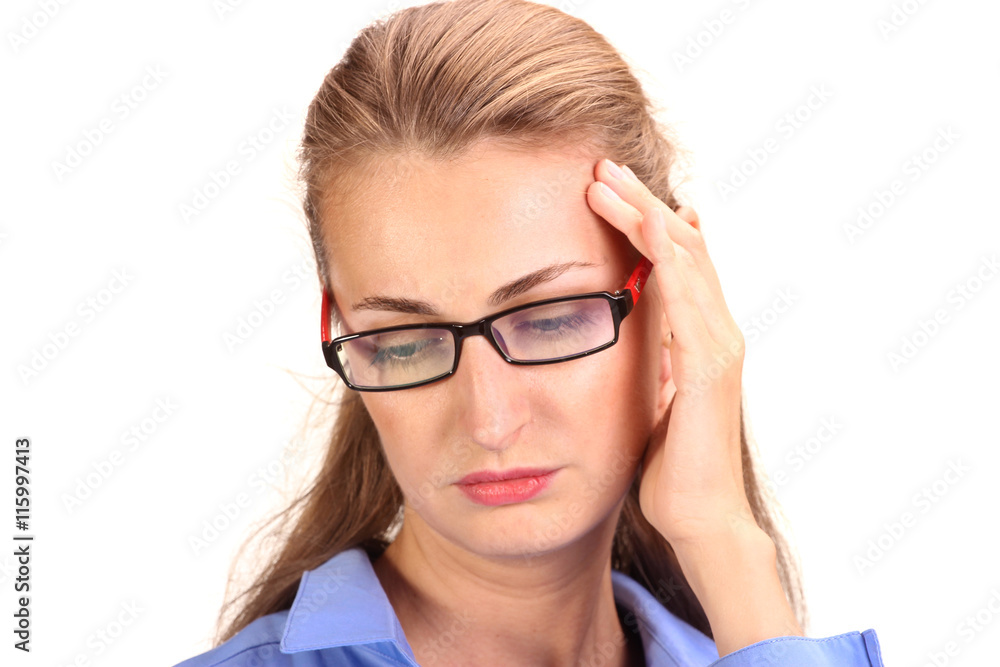 Awful headache. Mature business woman holding head in hands