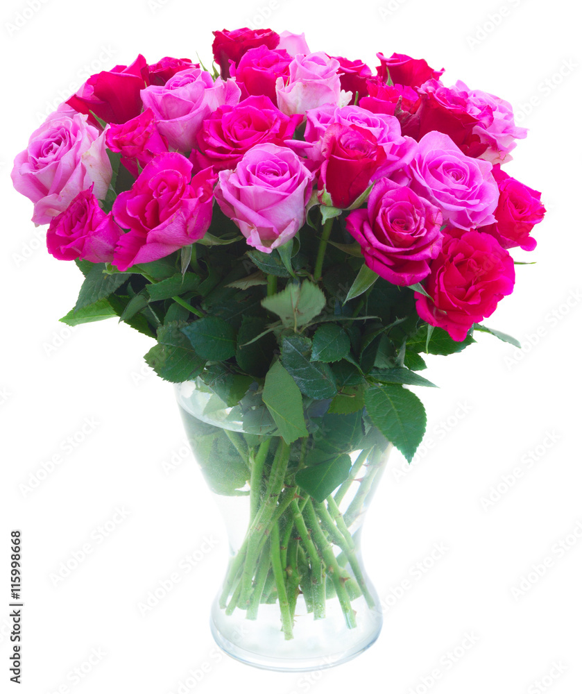 bouquet of pink and magenta fresh roses in vase isolated on white background bouquet of pink and magenta fresh roses in vase isolated on white background
