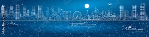 Night city amazing panorama. Urban skyline. River and night megalopolis, ships on the water. Infrastructure and transportation illustration, vector design art