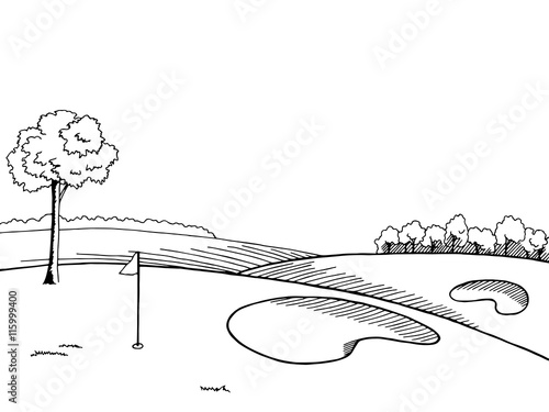 Golf course graphic art black white landscape sketch illustration vector
