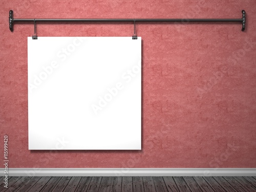 Mock up poster on red wall and pipe frame, 3D photo