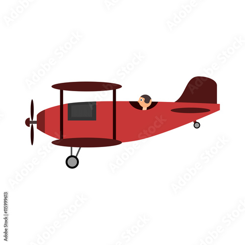 Red retro airplane with pilot. Isolated vector illustration.