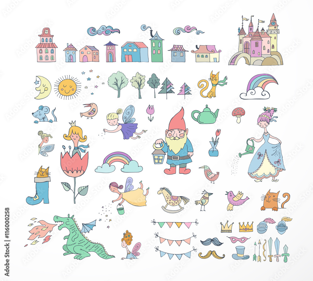 Collection of fairy tales hand drawn doodles, illustrations Collection of fairy tales hand drawn doodles, illustrations