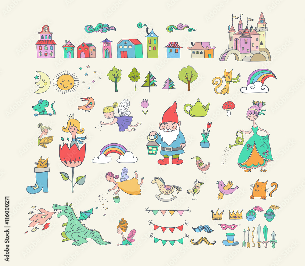 Collection of fairy tales hand drawn doodles, illustrations