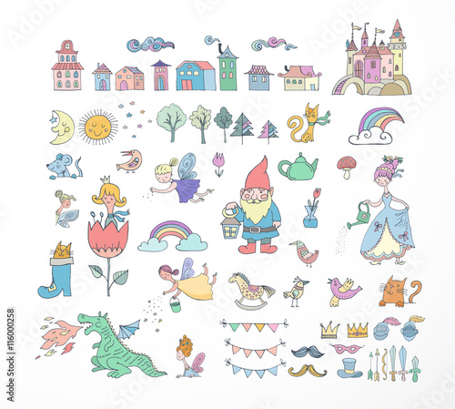 Collection of fairy tales hand drawn doodles, illustrations