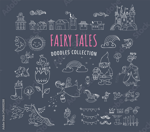 Collection of fairy tales hand drawn doodles, illustrations
