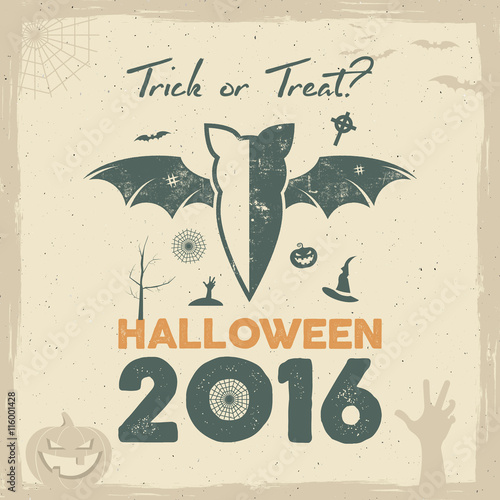 Happy Halloween 2016 Poster. Trick or treat lettering and halloween holiday symbols - bat, pumpkin, hand, witch hat, spider web and other. Retro banner, party flyer design. Vector illustration.