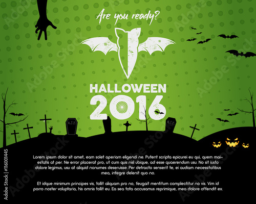 Happy Halloween 2016 green landscape poster. Are you ready lettering and halloween holiday symbols - bat, pumpkin, hand, witch hat, spider web and other. Retro banner, party flyer design. Vector