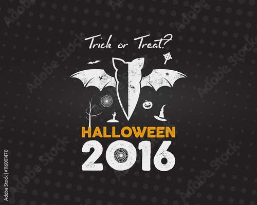 Happy Halloween 2016 Poster. Trick or treat lettering and halloween holiday symbols - bat, pumpkin, hand, witch hat, spider web and other. Retro banner, party flyer design. Vector illustration