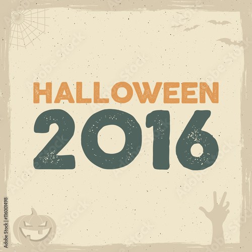 Happy Halloween Poster template with holiday symbols - bat, pumpkin, hand, witch hat, spider web and other. Vector text. Use as retro banner, party flyer design etc. Vector illustration.