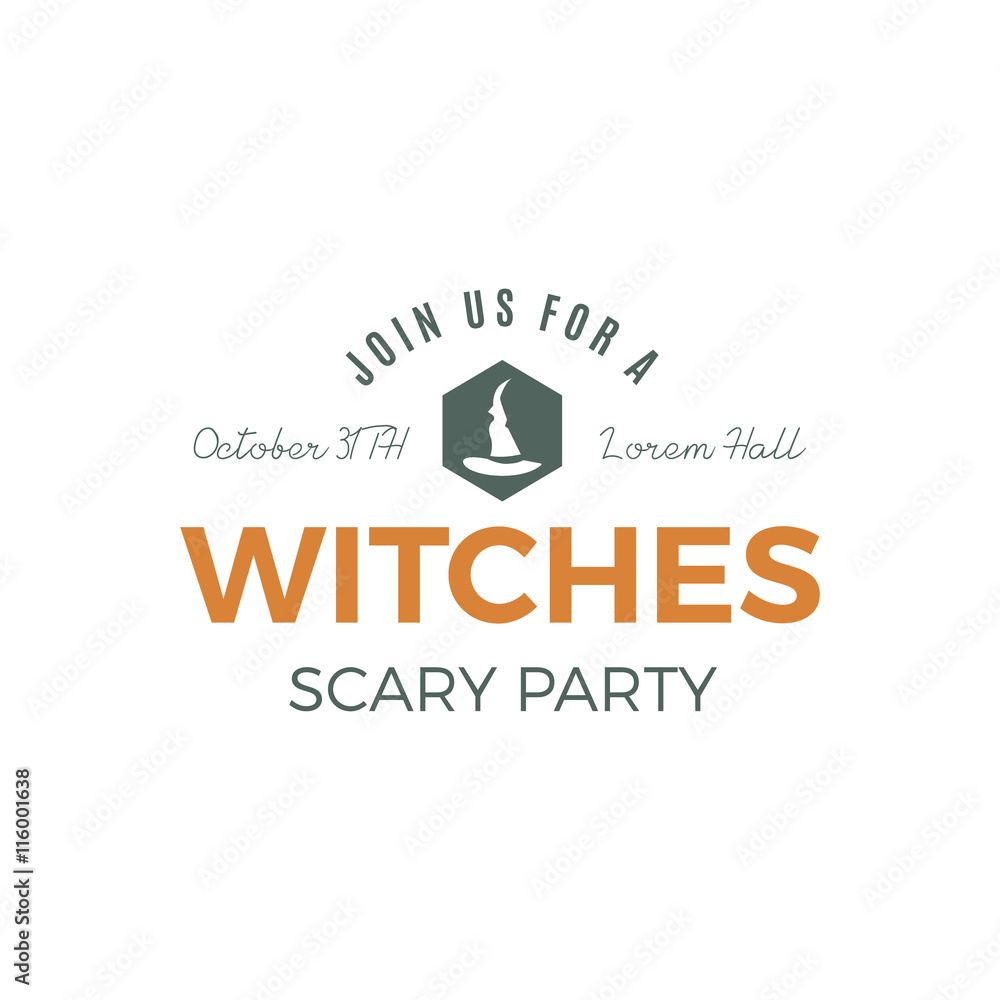Halloween witches party label template with hat and typography elements. Vector letters. Retro grunge patch for scary holiday celebration. Print on t shirt, tee, flyers, invitation cards etc Halloween witches party label template with hat and typography elements. Vector letters. Retro grunge patch for scary holiday celebration. Print on t shirt, tee, flyers, invitation cards etc