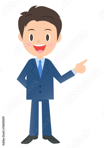 横を指差すビジネスマン 男性会社員のイラスト素材 三頭身 Stock Vector Adobe Stock