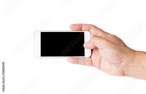 Hand holding mobile smart phone with blank screen.
