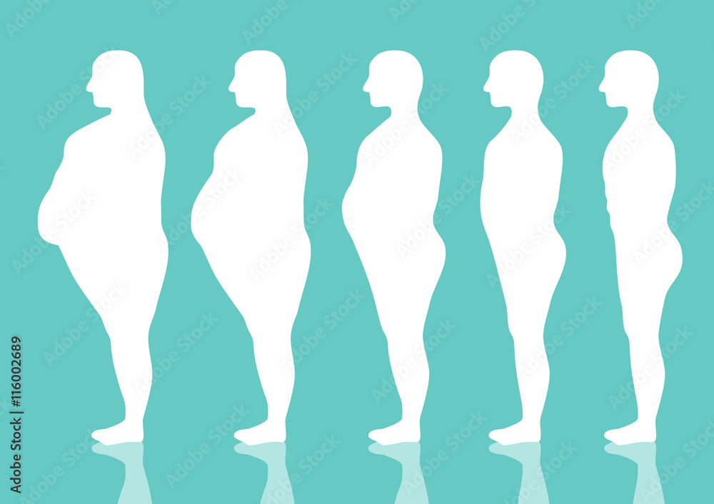 Five stages of silhouette man on the way to lose weight,Vector illustrations