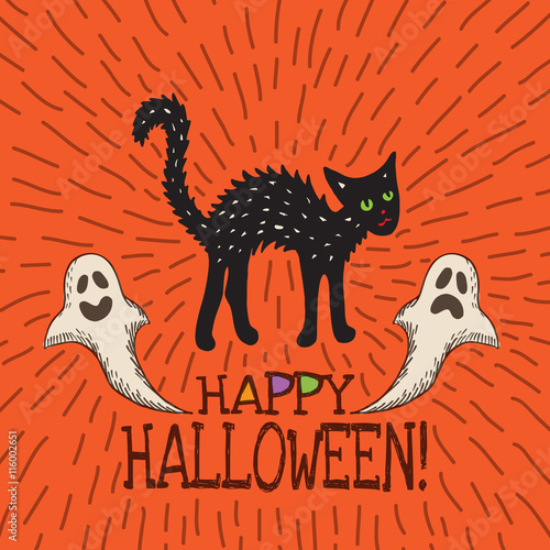 Halloween card with hand drawn black cat and ghosts