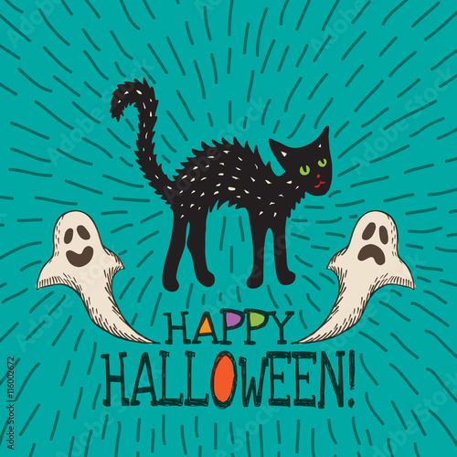 Halloween card with hand drawn black cat and ghosts