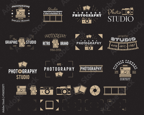 Camera logo. Vintage Photography Badges, Labels, dslr. Hipster design with photographer elements. Retro style for photo studio, photographer, equipment store. Gadget Signs. Vector old photo icons set