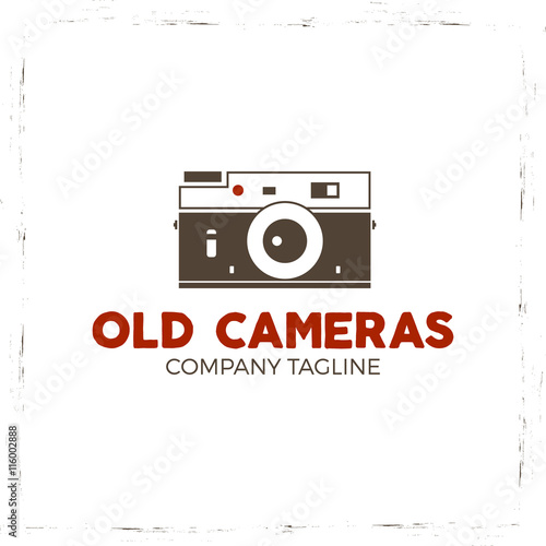Retro poster or logo template with old camera icon. Isolated on grunge halftone background. Photography vintage design for t shirt, tee design, web project. Inspiration type. Vector