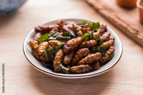 Fried insects - Wood worm insect crispy with pandan after fried © CK Bangkok Photo.