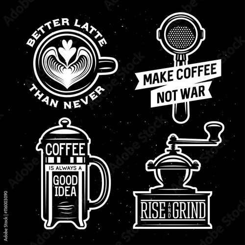 Coffee related vintage vector illustration with quotes.