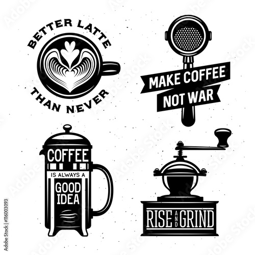 Coffee related vintage vector illustration with quotes.