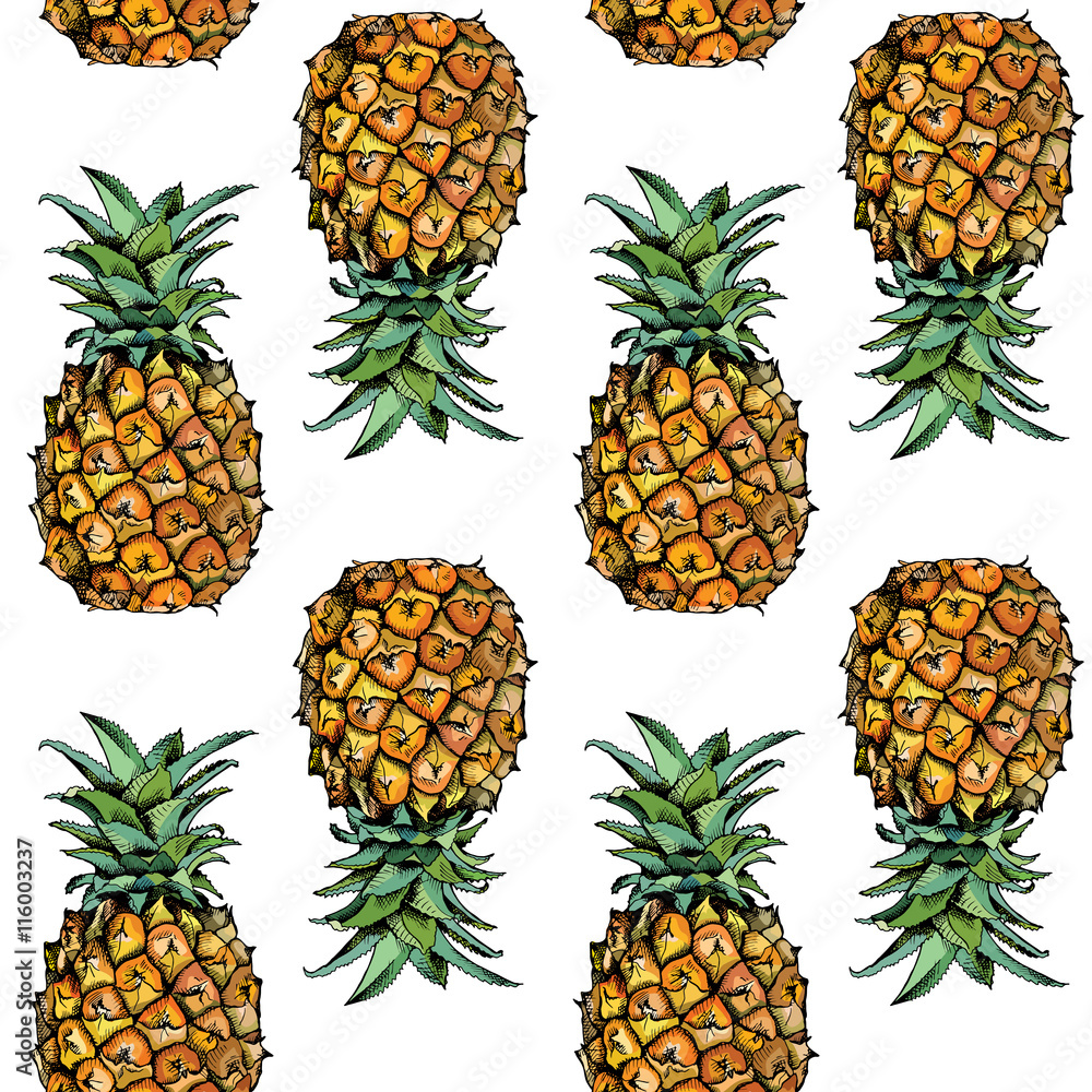 Naklejka Bezszwowy wzór z wizerunkiem ananasowa owoc w kolorze. Ilustracji wektorowych.