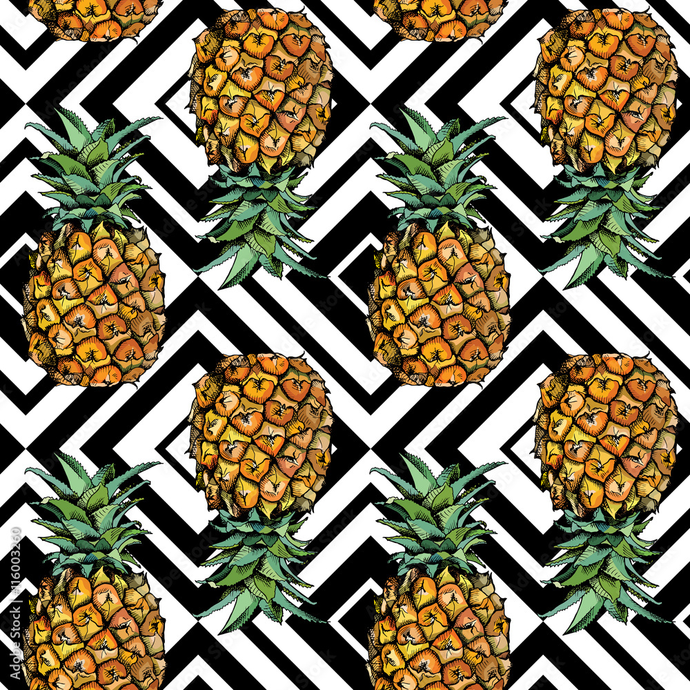 Naklejka Wzór z wizerunkiem owocu ananasa w kolorze iz ornamentem geometrycznym. Ilustracja wektorowa.