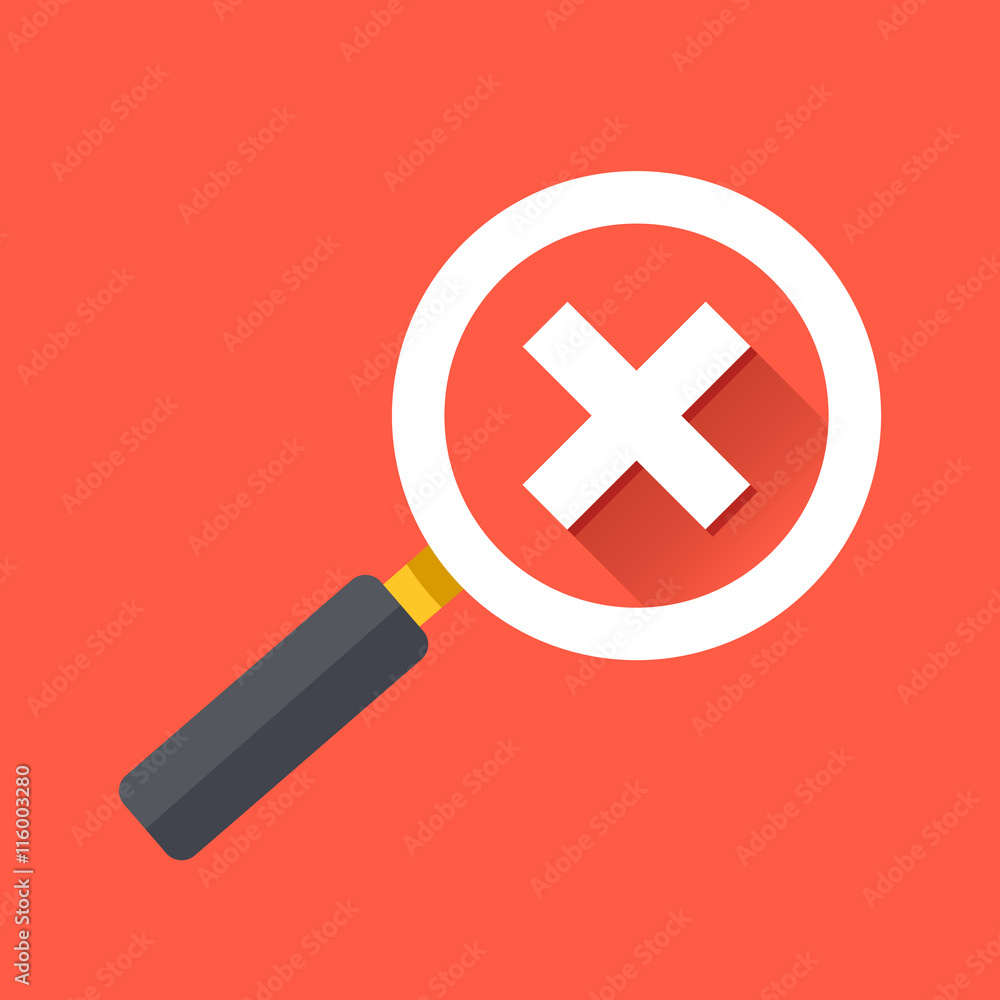 Fototapeta premium Magnifying glass with cross check mark icon. Flat design vector illustration