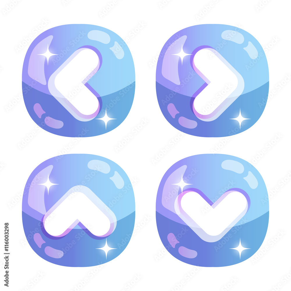 Glossy arrows icons set. Premium quality. Shiny glass buttons collection. Right, left, up and down arrows set. Vector icons