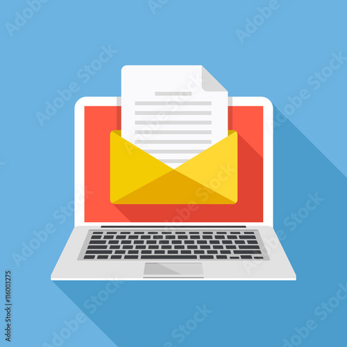 Laptop with envelope and document on screen. E-mail, email marketing, internet advertising concepts. Flat design vector illustration