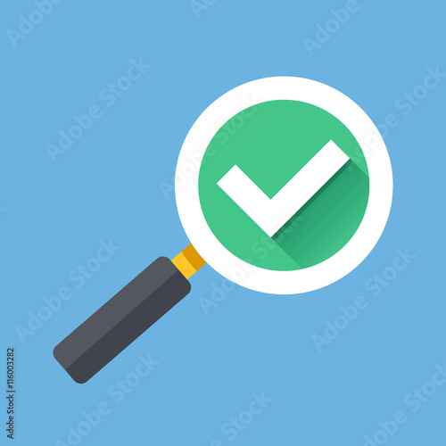 Magnifying glass with tick check mark icon. Flat design vector illustration