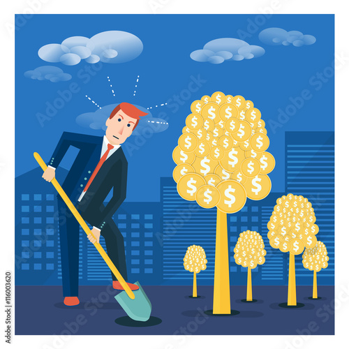 Businessman digging ground to plant money tree. Financial investment