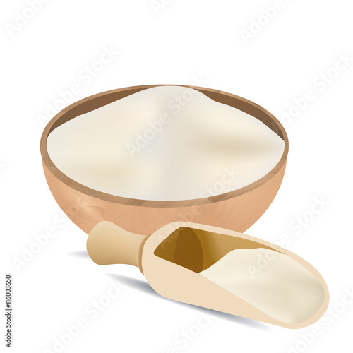 White flour in wooden bowl and spoon isolated on white background