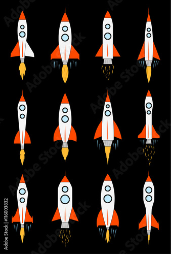 Set of vector colorful rocket icons isolated on black