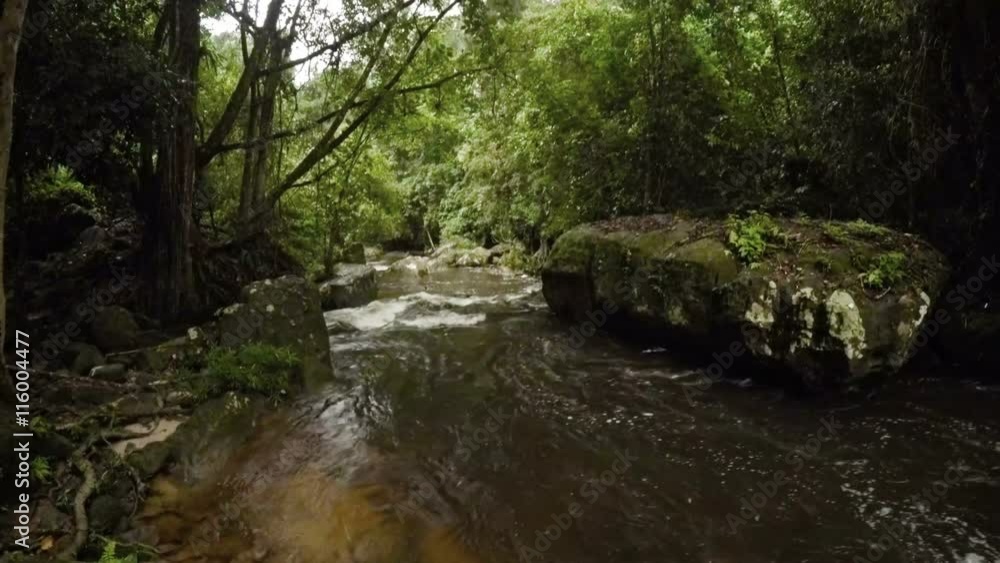Tropical river flows around enormous boulders and through dense greenery, passing through Phom Kulen National Park in Cambodia, with sound. Video UltraHD 4k Tropical river flows around enormous boulders and through dense greenery, passing through Phom Kulen National Park in Cambodia, with sound. Video UltraHD 4k