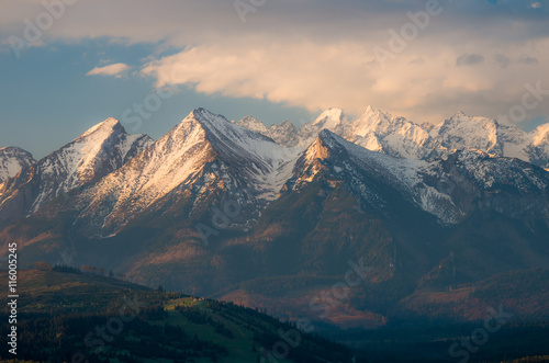 Cloudy Tatra mountains in the morning  covered with snow