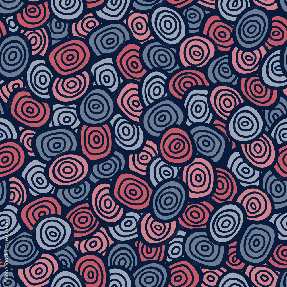 Abstract doodle seamless pattern. Simple retro blue and red background. Vector illustration.