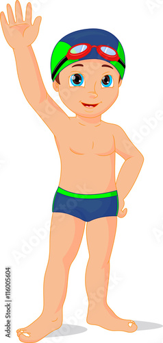 boy in swimming suit waving