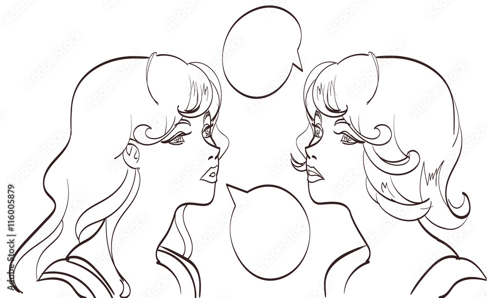 nice drawn two talking women lineart. Vector pop art syle. Isolated eps 10