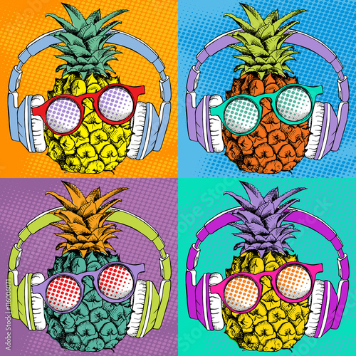 Bright Pop art comic poster with image of a pineapple with headphones and sunglasses. Vector illustration.