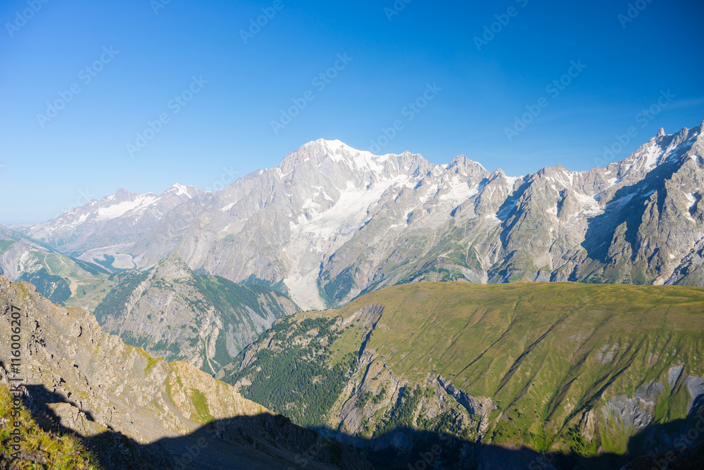 Majestic Mont Blanc massif and lush green alpine valley