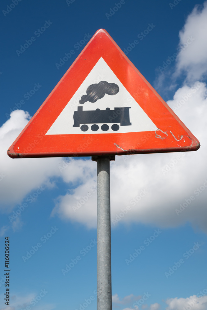 Dutch road sign: level crossing without barrier or gates ahead Dutch road sign: level crossing without barrier or gates ahead